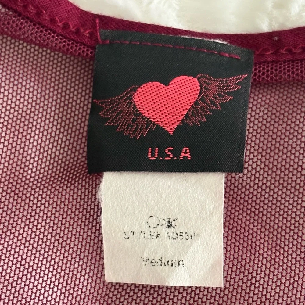 NWOT USA Vintage Burgundy Sheer Long Sleeve Bodysuit in Size Medium.
